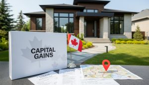 Georgetown Ontario house with homeowner documents labeled Capital Gains and a map pin indicating local area
