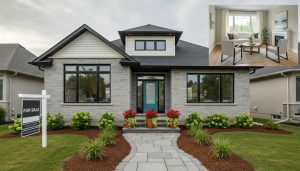 Upgraded Georgetown, Ontario home exterior with staged interior inset showing bright living room and 'For Sale' sign