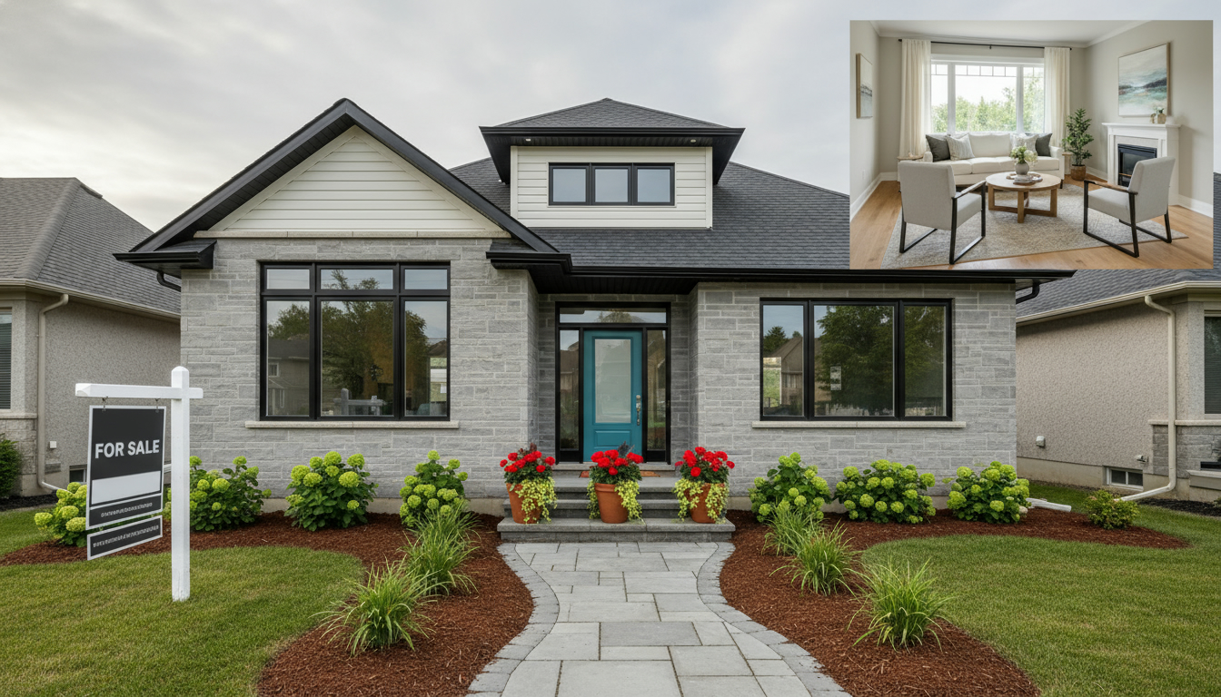 Upgraded Georgetown, Ontario home exterior with staged interior inset showing bright living room and 'For Sale' sign