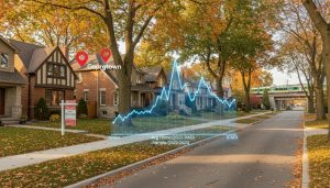 Georgetown Ontario neighbourhood with homes, GO train in background and a transparent market trend graph overlay.