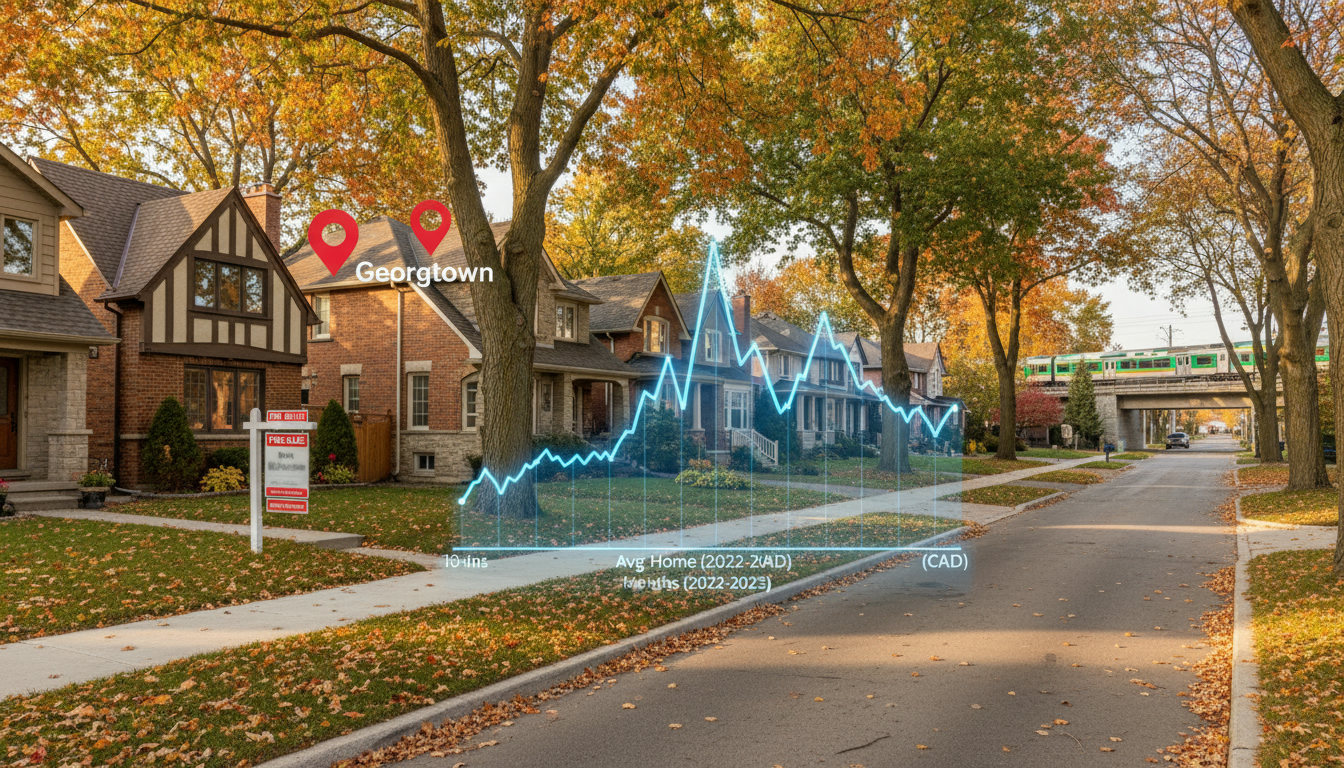 Georgetown Ontario neighbourhood with homes, GO train in background and a transparent market trend graph overlay.