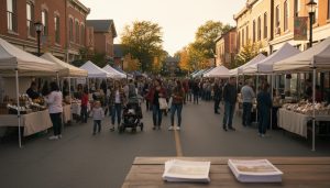 Georgetown Ontario community event on Main Street with families, market stalls, and historic buildings