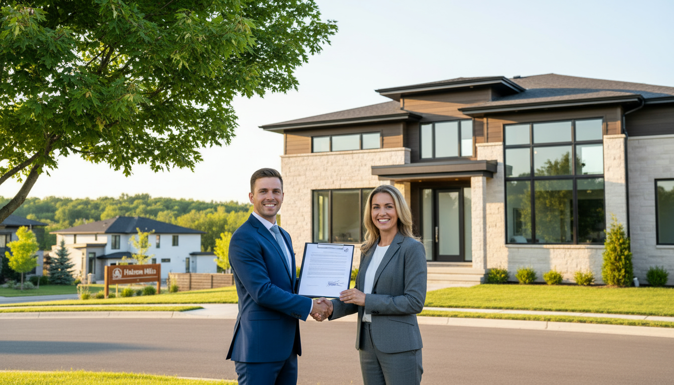 Homeowner and realtor exchanging signed real estate documents in front of a Georgetown, Ontario home