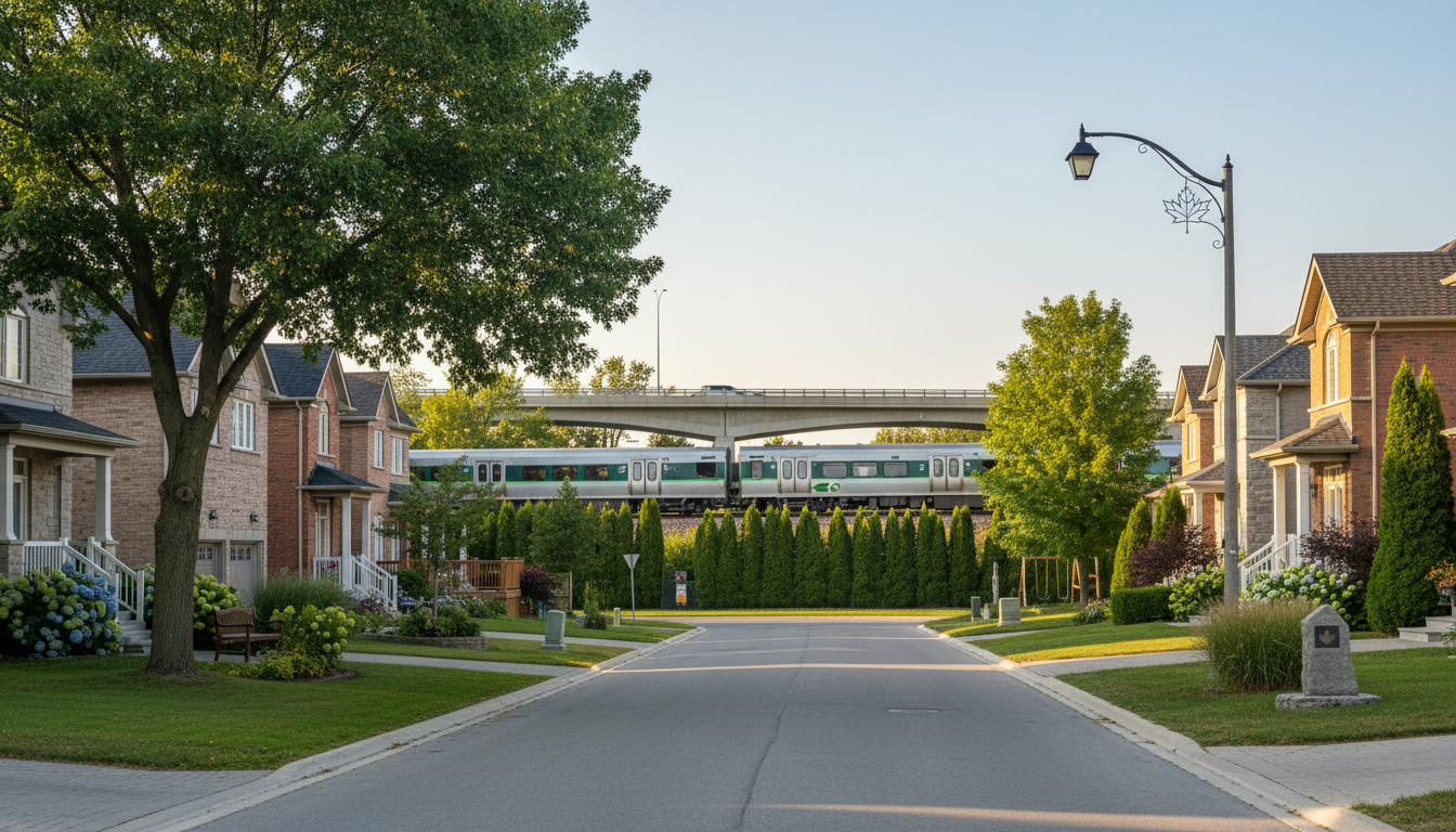 Quiet Georgetown residential street with train in the distance and highway overpass beyond, showing contrast between peaceful homes and commuter infrastructure