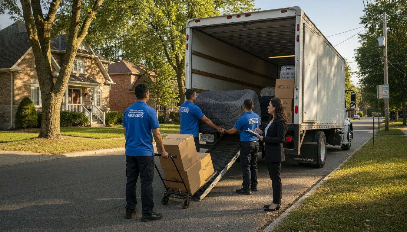 Professional movers loading furniture into truck outside a Georgetown, Ontario home with a realtor coordinating the move.