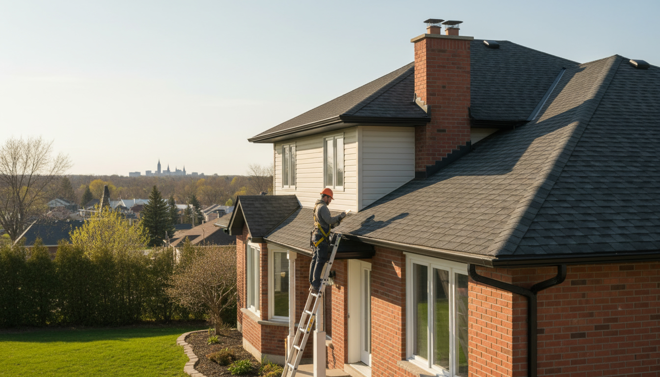 Roof inspection on a Georgetown, Ontario home showing asphalt shingles, gutters, chimney and contractor with clipboard