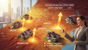 Map of southern Ontario with hotspots on Milton, Oakville, Kitchener-Waterloo, Hamilton, and Georgetown plus suburban houses and upward trend arrows.