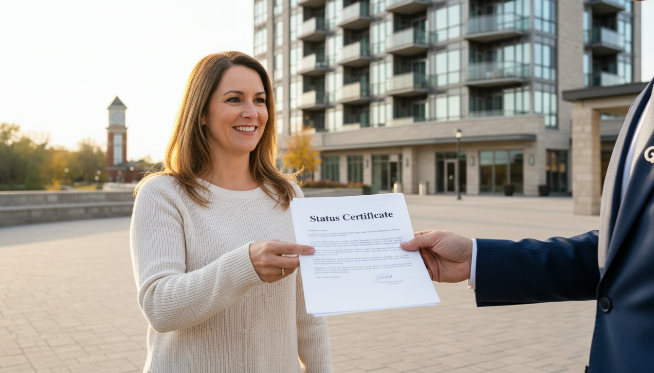 Realtor handing a status certificate to a condo seller outside a Georgetown condominium