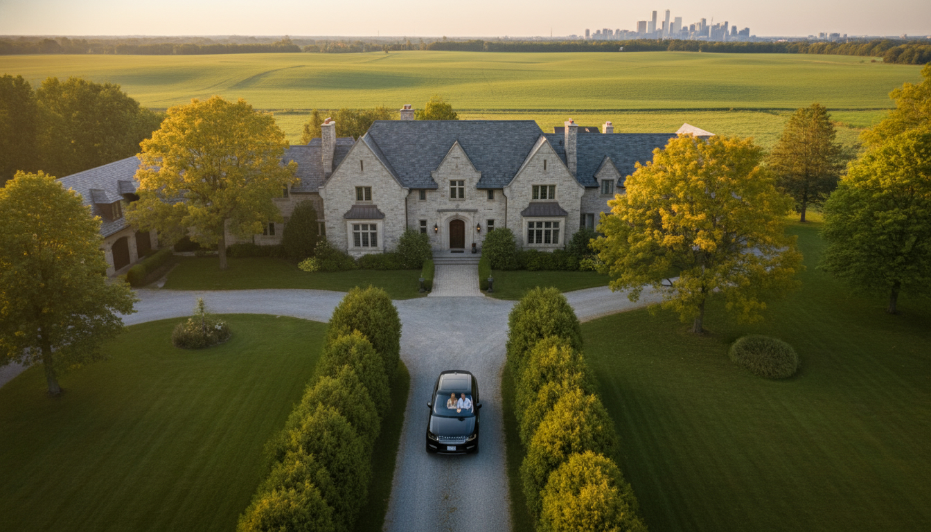 Aerial view of a luxury estate near Georgetown, Ontario with rolling fields and distant Toronto skyline