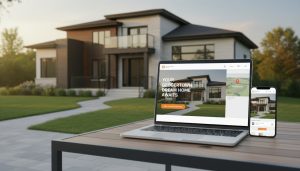 Property landing page mockup showing a Georgetown, ON home on laptop and mobile with map pin and CTA button
