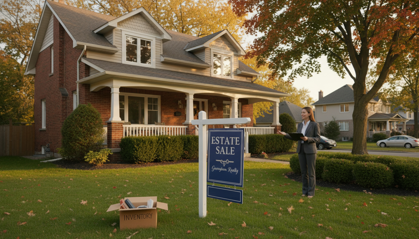Well-staged Georgetown, Ontario detached home with 'Estate Sale' for sale sign and realtor holding clipboard