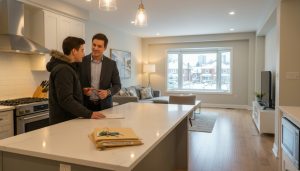 Buyer and agent performing final walkthrough inside a Georgetown Ontario home with keys and paperwork on the counter