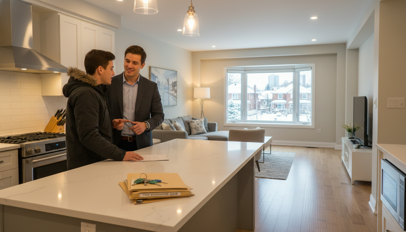 Buyer and agent performing final walkthrough inside a Georgetown Ontario home with keys and paperwork on the counter