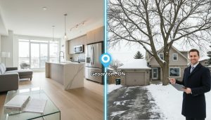 Split image of a condo interior and a detached house exterior in Georgetown, Ontario, with a realtor and insurance documents.