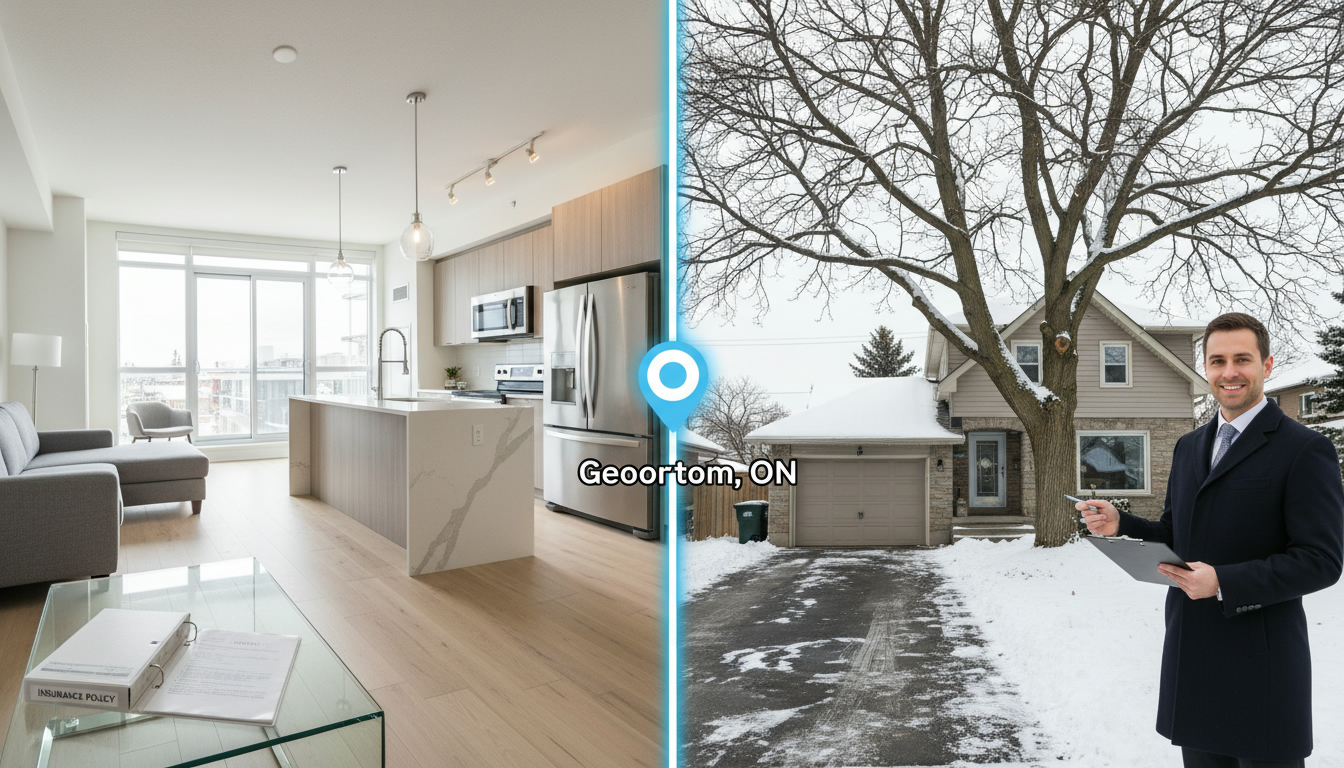 Split image of a condo interior and a detached house exterior in Georgetown, Ontario, with a realtor and insurance documents.