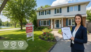 Georgetown home with open house sign and agent holding insurance documents, highlighting home insurance for sellers