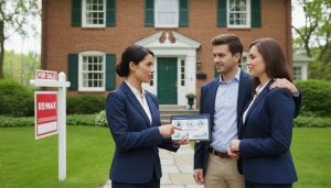 Real estate agent advising homeowners in front of a Georgetown, Ontario house with mortgage rate icons and financial tablet.
