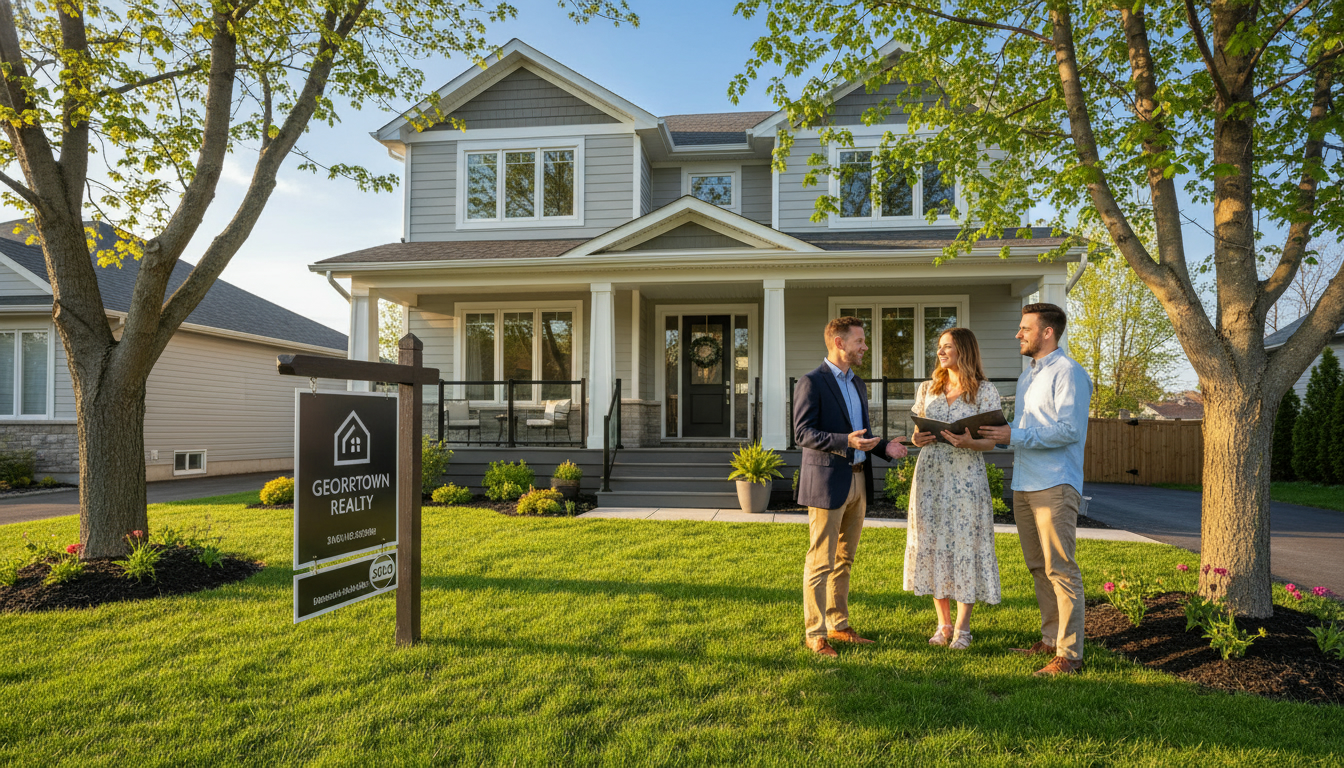 Well-staged Georgetown Ontario home for sale with realtor and sold sign