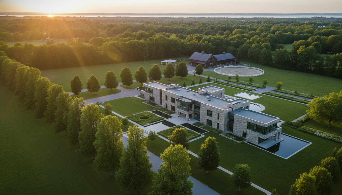 Aerial view of a luxury rural estate with mansion, barn, long driveway and distant lake at golden hour