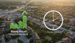 Aerial view of Georgetown Ontario neighborhood with GO station and infographic showing holding period and price growth.