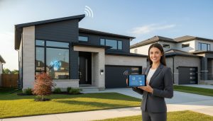 Georgetown Ontario home with smart features: video doorbell, smart thermostat, strong Wi-Fi, realtor demonstrating smart tech on tablet