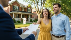 Realtor handing a mortgage pre-approval letter to a happy couple in front of a Georgetown Ontario home.