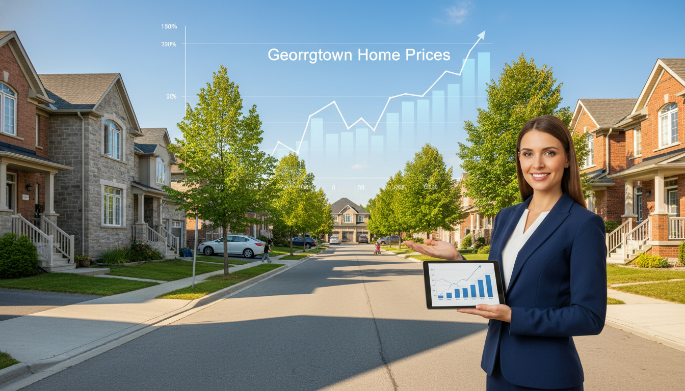 Georgetown Ontario neighbourhood street with homes and an overlaid housing price trend graph