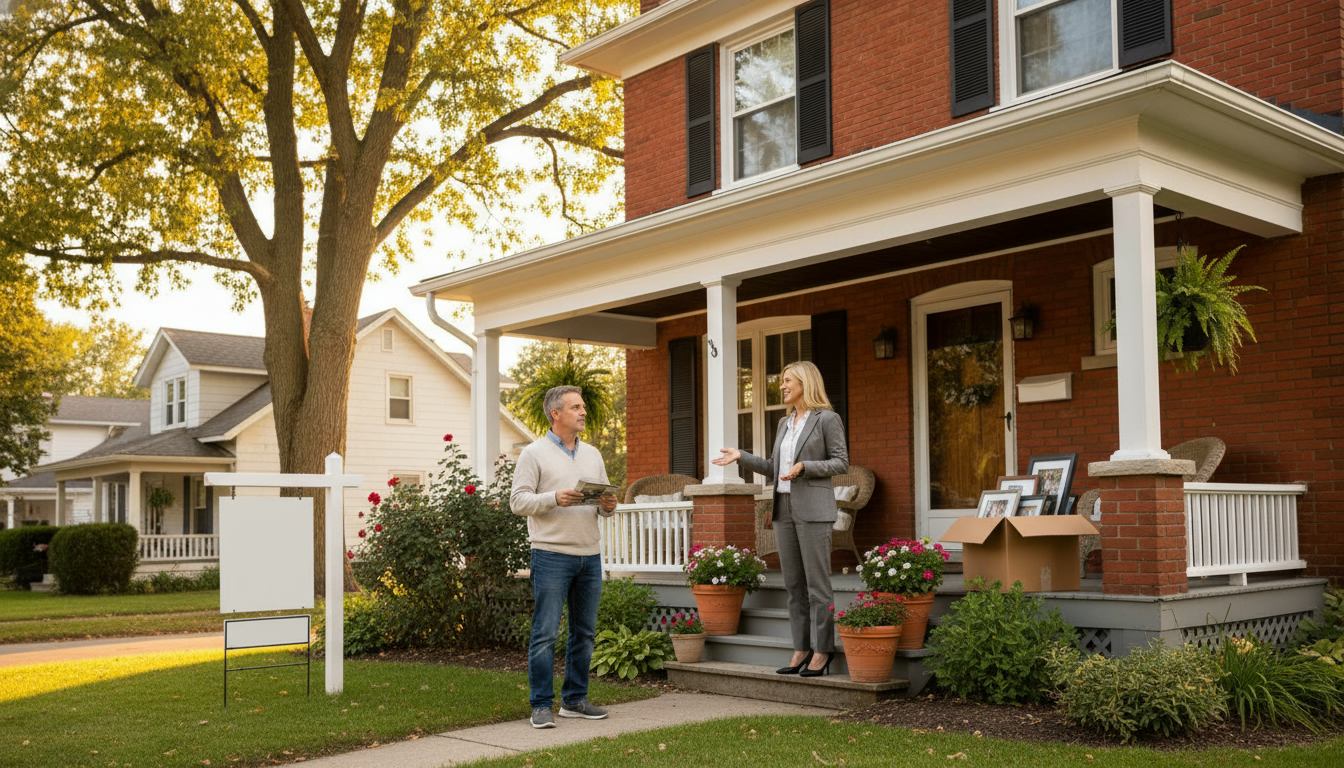 Charming Georgetown Ontario family home with moving boxes and realtor on the front porch during golden hour.