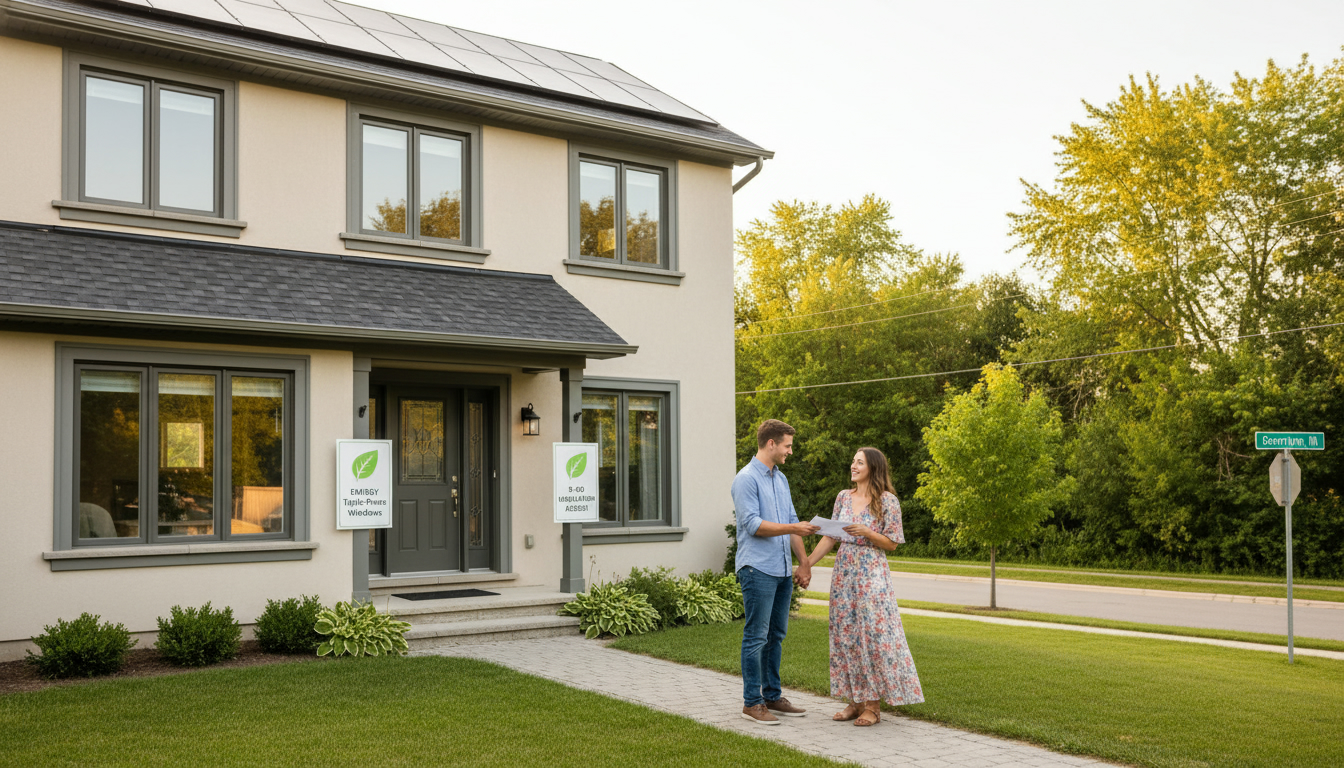 Young couple speaking with realtor outside an energy-efficient home in Georgetown Ontario with solar panels and new windows.