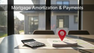 Georgetown house with mortgage documents and calculator showing amortization impact