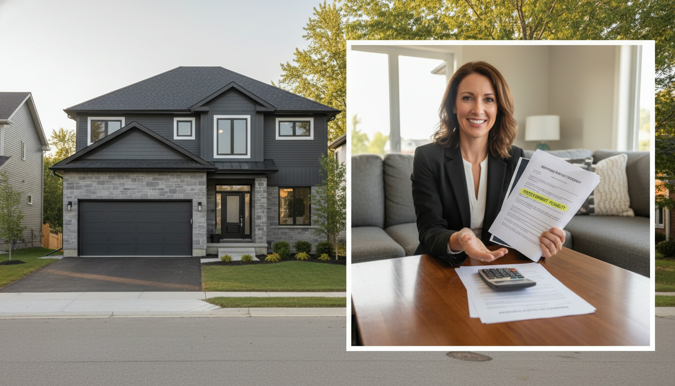 Realtor holding mortgage payout documents and calculator outside a Georgetown, Ontario home with prepayment penalty highlighted on paper