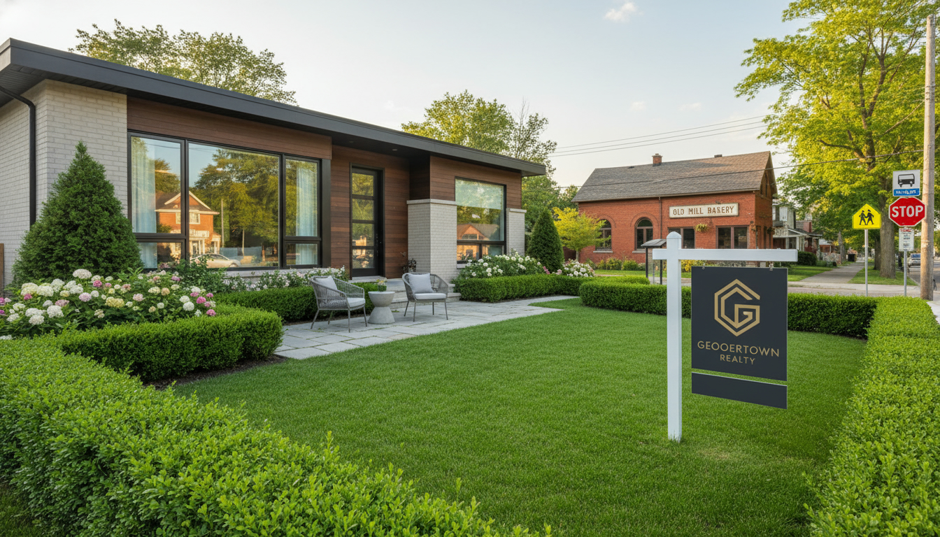 Staged modern home with curb appeal in Georgetown, Ontario showing front yard, real estate sign, and town background.