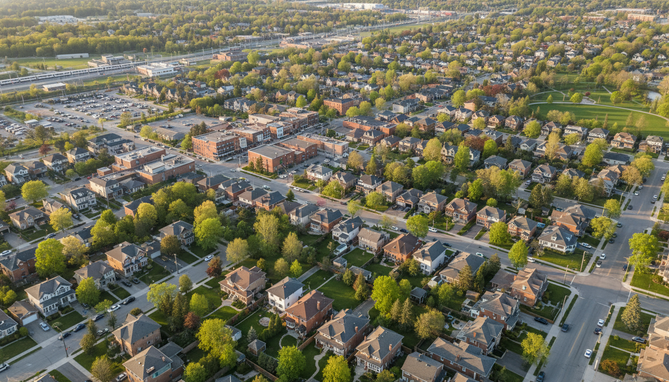 Aerial view of residential neighborhood in Georgetown, Ontario with houses, trees, and a nearby GO station.
