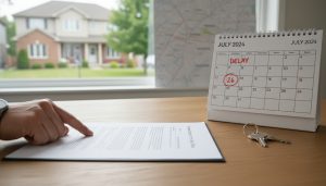 Agreement of Purchase and Sale, calendar marked delayed closing, house keys on table in front of a Georgetown Ontario house