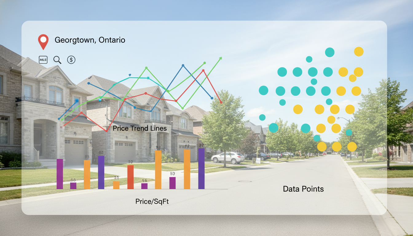 Georgetown houses with overlaid home price trend chart and map pin