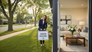 Open house at a modern Georgetown Ontario home with agent and yard sign, inviting interior visible.