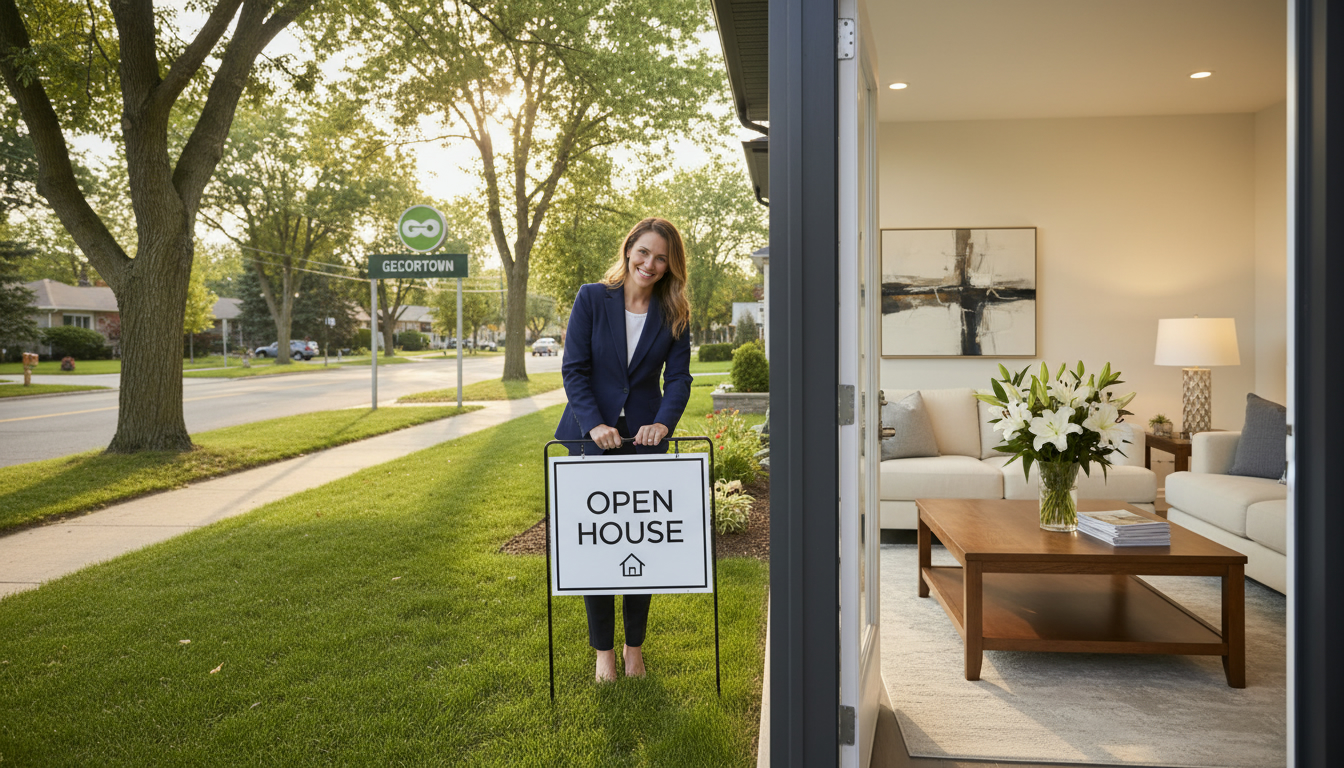 Open house at a modern Georgetown Ontario home with agent and yard sign, inviting interior visible.