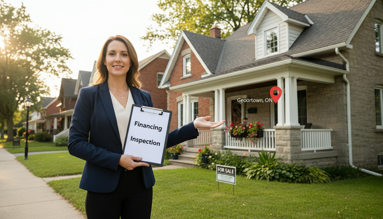 Real estate agent in front of a Georgetown Ontario home holding a clipboard labeled Financing and Inspection