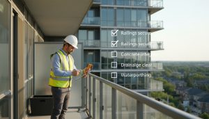 Inspector checking a condominium balcony with clipboard and infrared camera, condo building in background