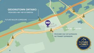 Aerial-style map of Georgetown, ON with highlighted proposed roads and icons for homes and transit, showing planned infrastructure near residential areas.