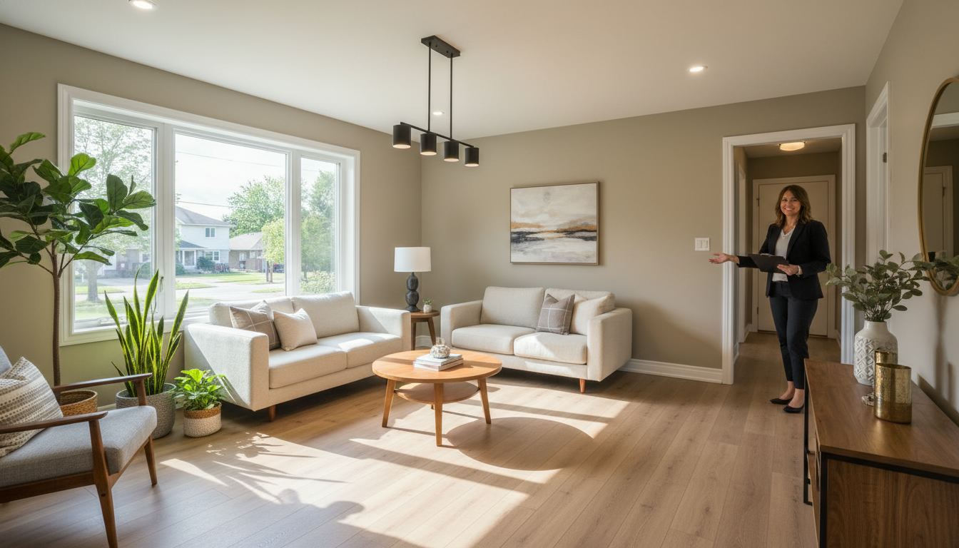 Modern affordable living room with neutral paint, vinyl plank flooring, and modern lighting in Georgetown ON home.