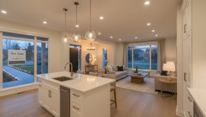 Staged Georgetown home interior at dusk with modern pendant and recessed lighting and 'For Sale • Georgetown, ON' sign
