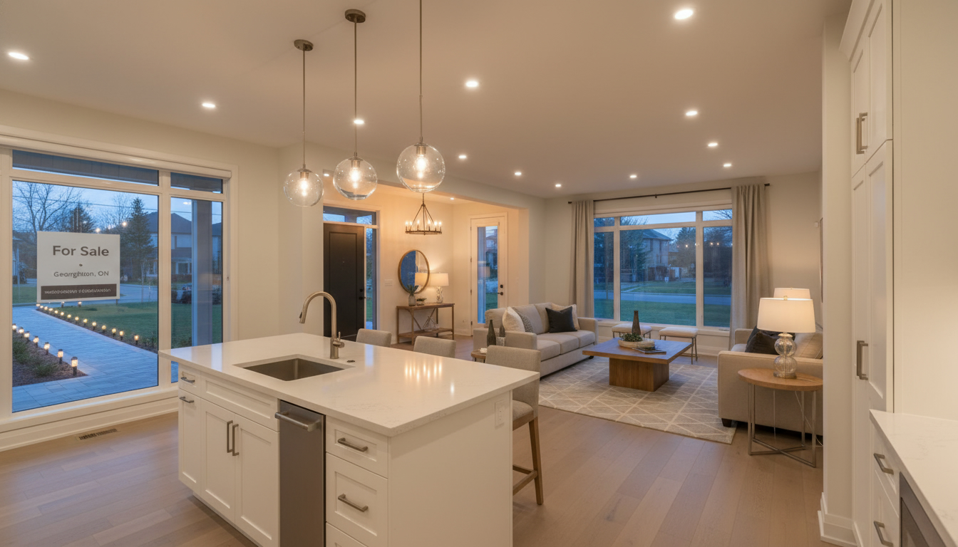 Staged Georgetown home interior at dusk with modern pendant and recessed lighting and 'For Sale • Georgetown, ON' sign