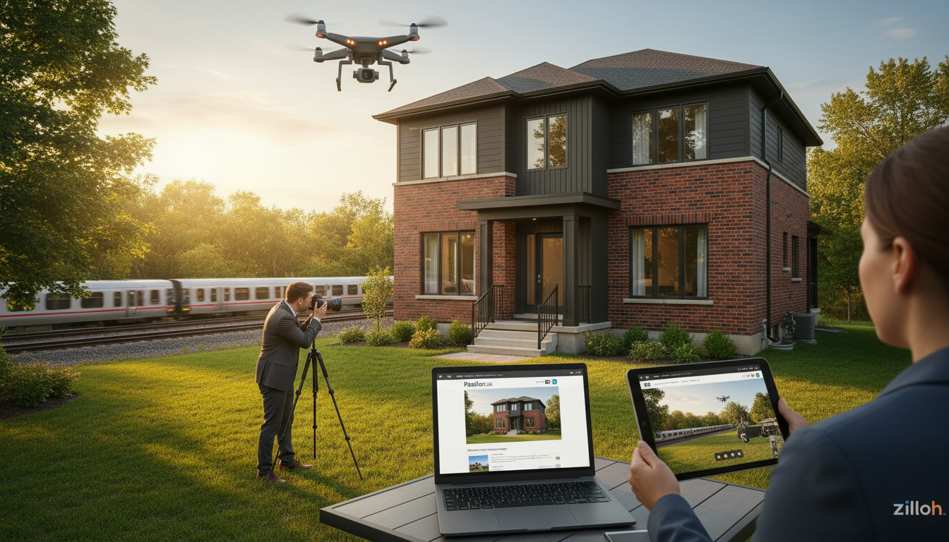 Realtor photographing a Georgetown home with drone overhead, laptop showing Realtor.ca listing and tablet with Zillow logo