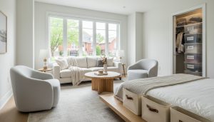 Staged living room with neat storage boxes, open closet with labelled bins, bright natural light in a Georgetown, Ontario home.