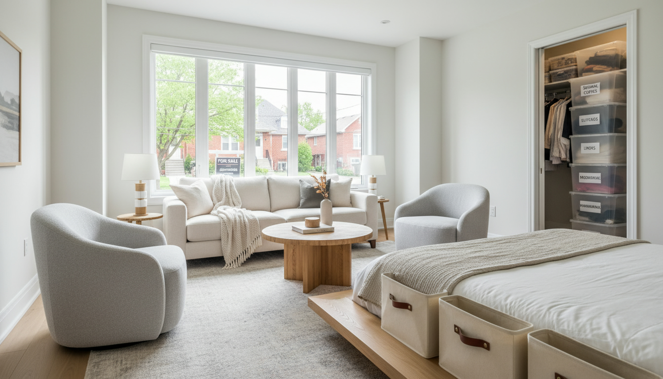Staged living room with neat storage boxes, open closet with labelled bins, bright natural light in a Georgetown, Ontario home.