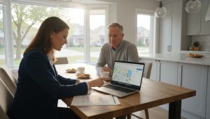 Real estate agent advising Georgetown Ontario homeowner over a contract at kitchen table with MLS map on laptop