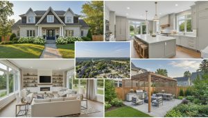 Photorealistic montage showing a Georgetown, Ontario home's exterior at golden hour, staged kitchen, living room, backyard patio, and aerial neighborhood view.