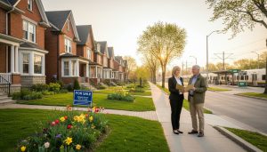 Georgetown Ontario home for sale in spring with 'For Sale' sign and realtor speaking to homeowners