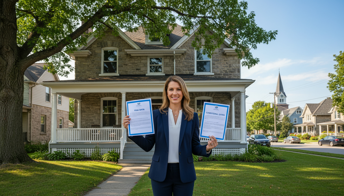 Real estate agent holding documents labeled Firm Offer and Conditional Offer outside a Georgetown, Ontario home